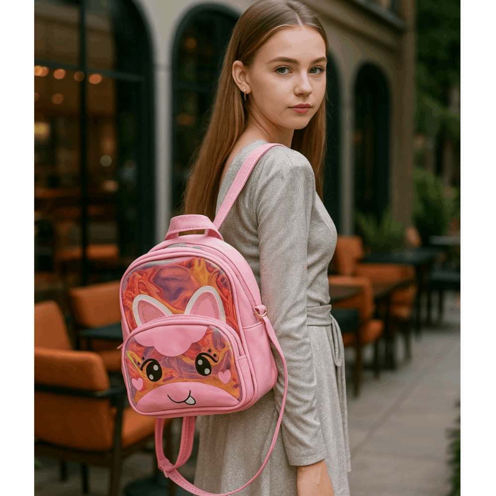 Woman wearing a pink backpack with a cartoon design outdoors.