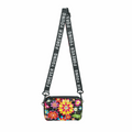Floral patterned crossbody bag with 'Forever Young' strap on a white background