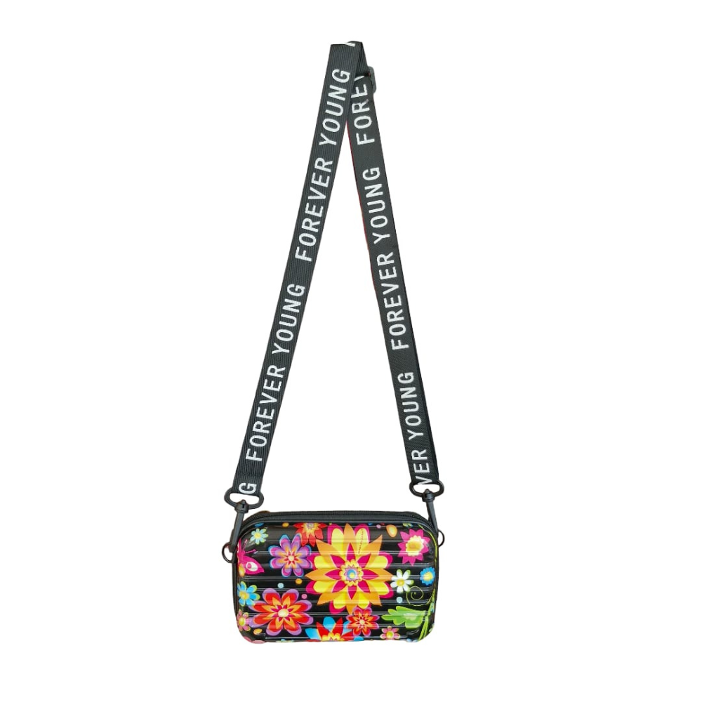 Floral patterned crossbody bag with 'Forever Young' strap on a white background