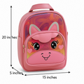 Pink backpack with a face design and measurements on a white background