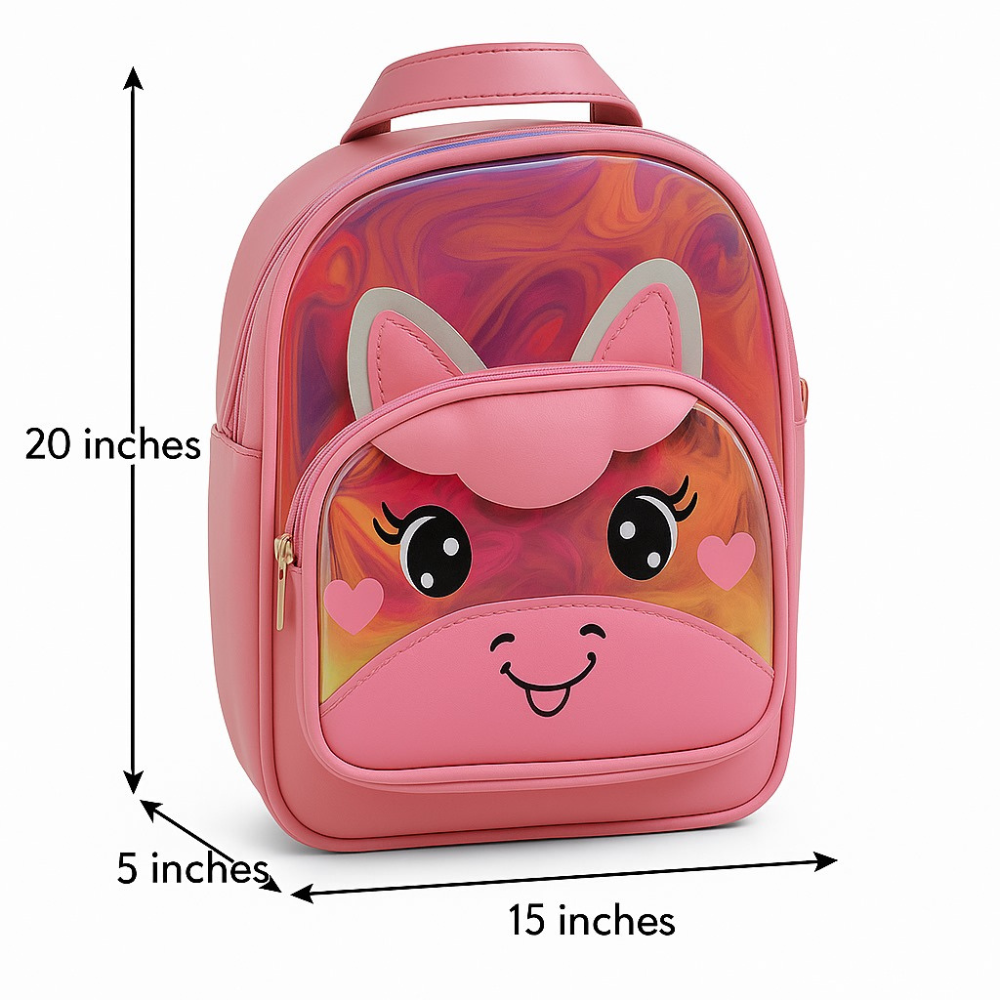 Pink backpack with a face design and measurements on a white background