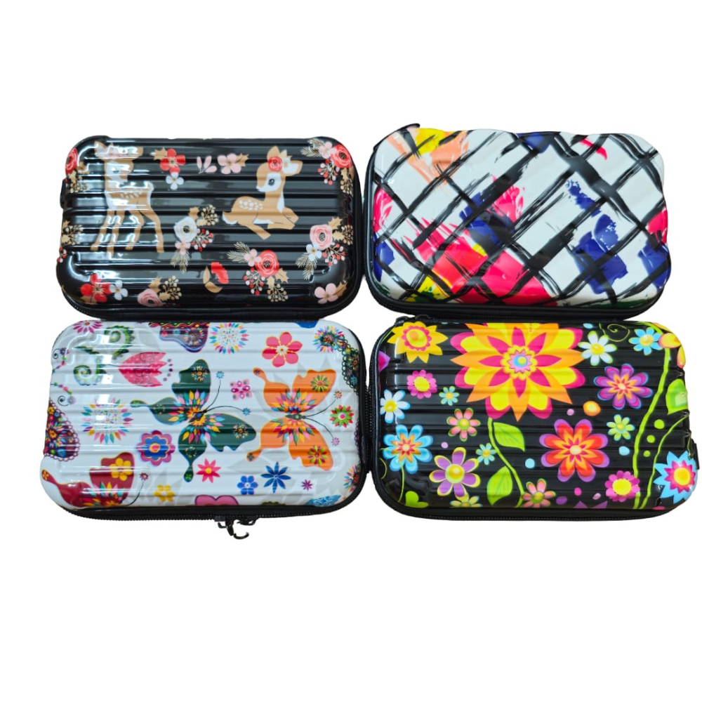 Four colorful cases with floral, animal, and abstract designs on a white background