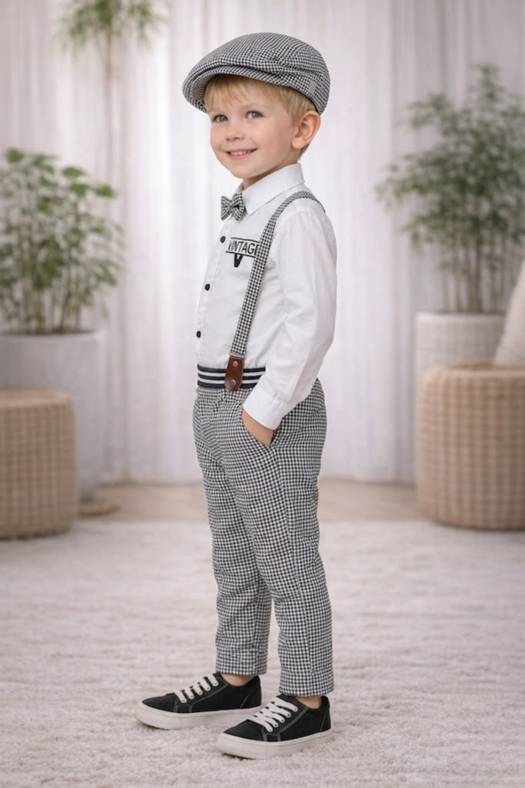 Boys  Suspender Outfit Set with Cap & Bow Tie | Kids Vintage Party Wear Dress