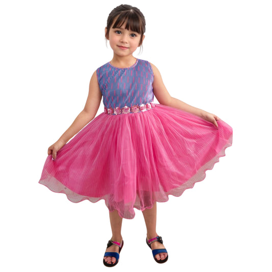 Girls Frock Knee Length Dress Self Design Net Sleeveless Fit and Flare A-Line Dress Kids Frocks