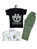 Boy wearing black Cotton T-Shirt and green Pant, white-green coat -3piece set