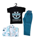 Boy wearing black Cotton T-Shirt and blue Pant, sky blue coat
