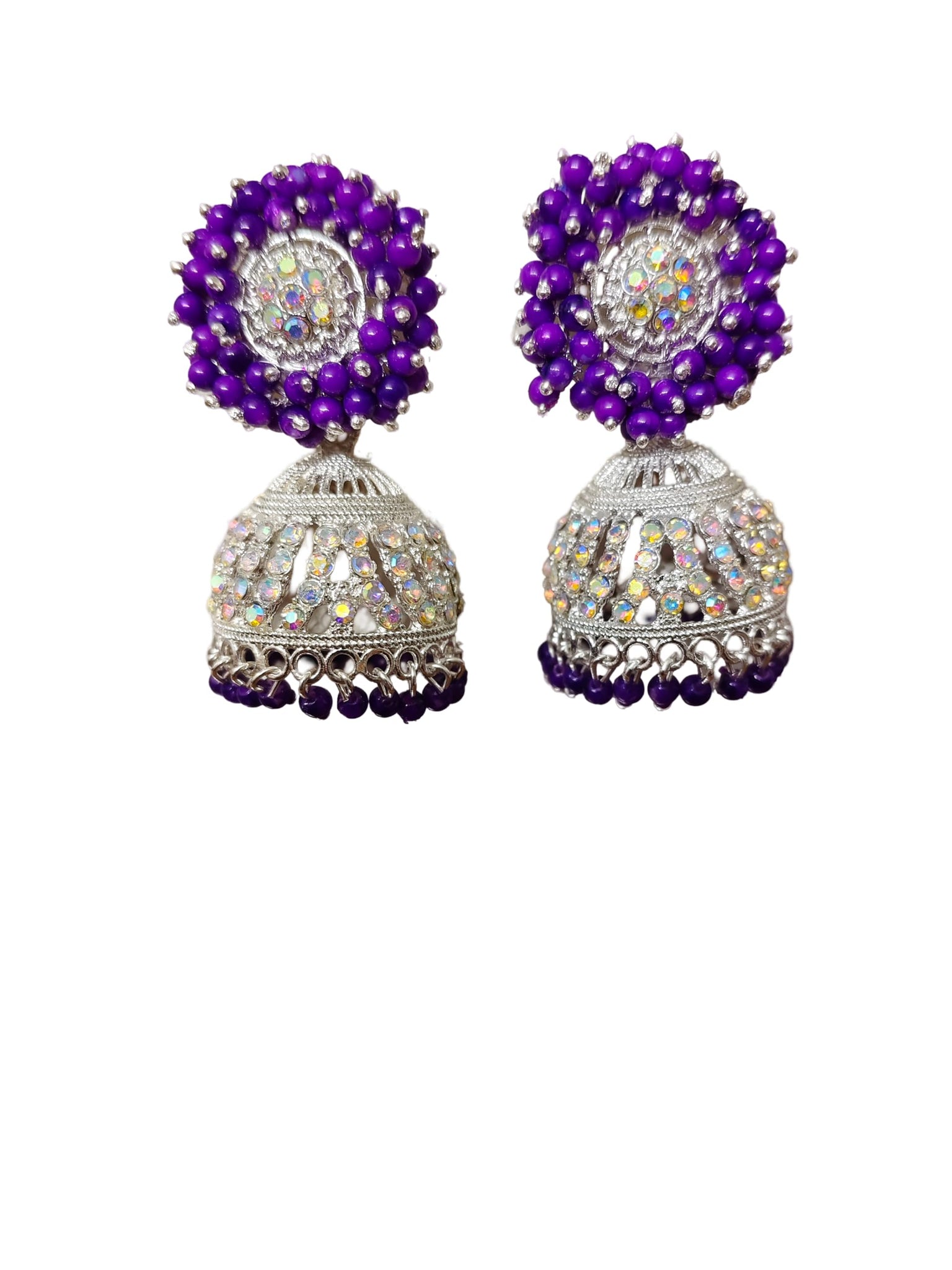 Purple Beaded Silver Jhumka Earrings
