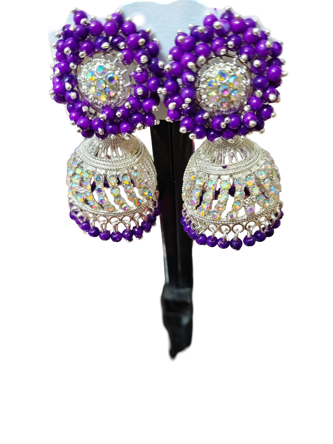 Purple Beaded Silver Jhumka Earrings