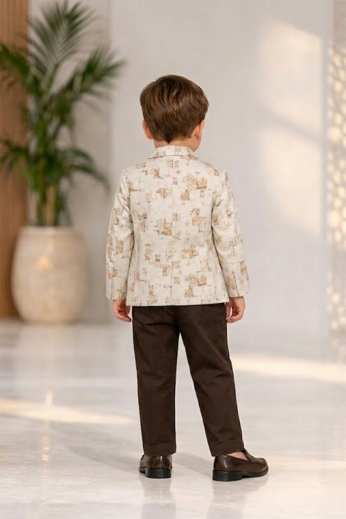 Boys Beige Printed Blazer Outfit with T-Shirt & Pants -