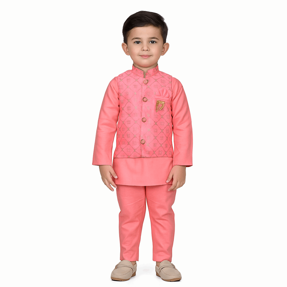 Baby Boy Pink Kurta Waistcoat Set-with-model