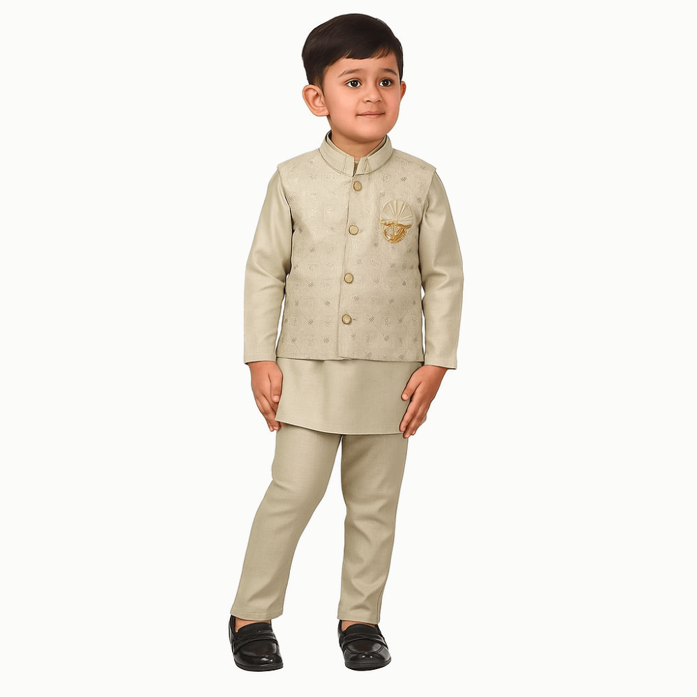 Baby Boy light green Kurta Waistcoat Set with boy model