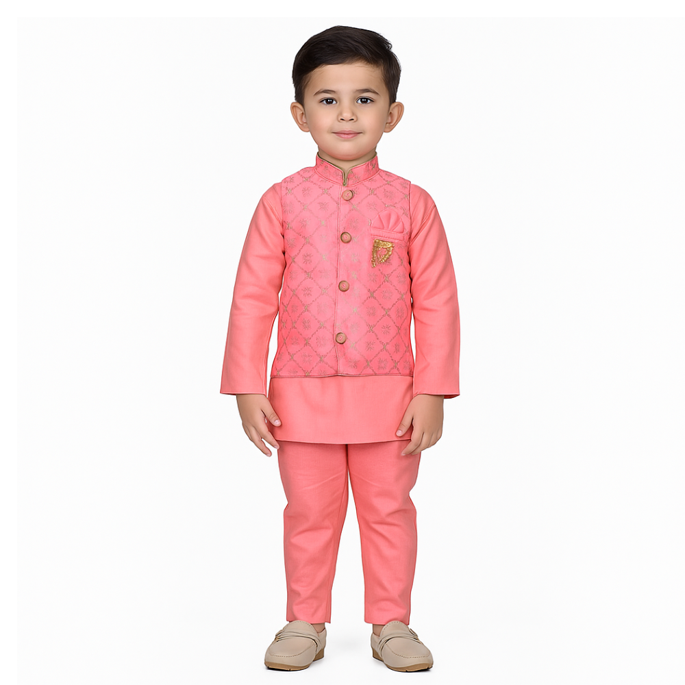 Baby Boy Pink Kurta Waistcoat Set-with-model