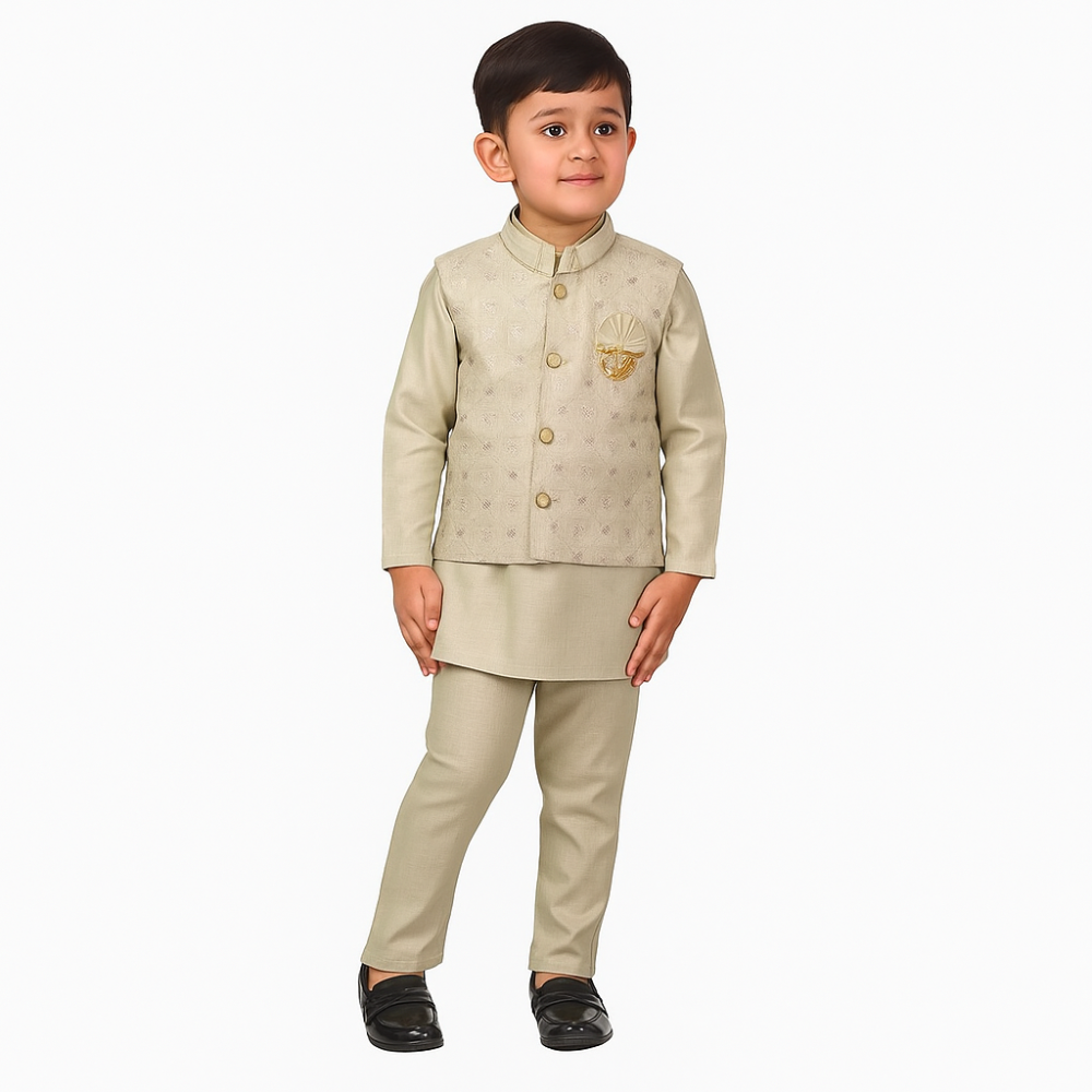 Baby Boy light green Kurta Waistcoat Set with boy model