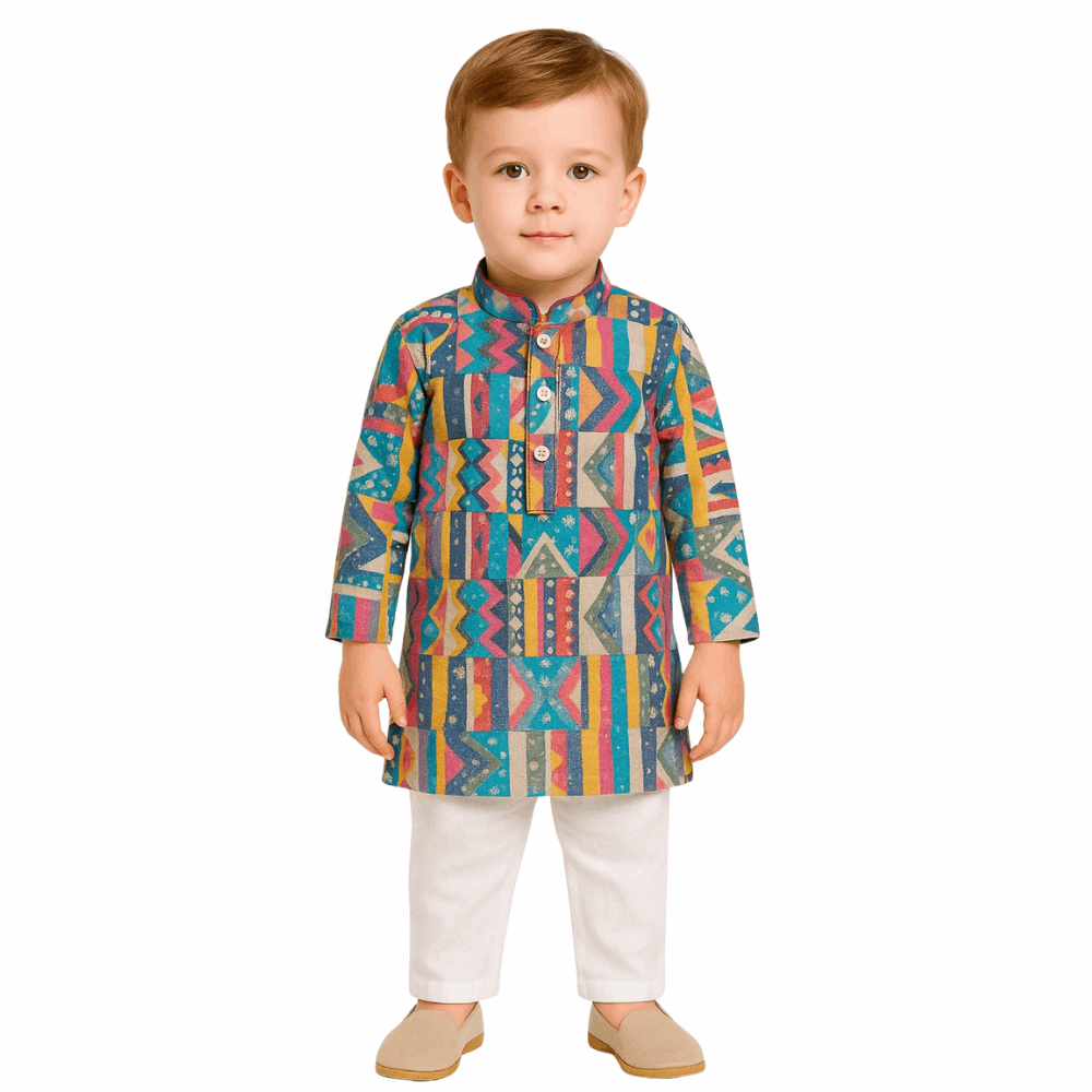Boys’ Cotton Kurta Set – Multicolor (2-3 Yrs) with model