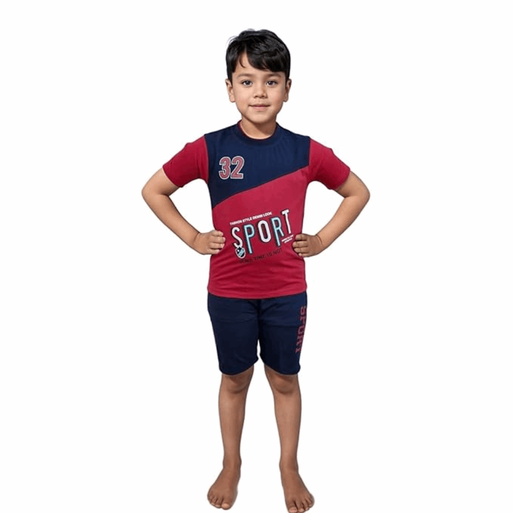 Boys' sporty red and navy cotton T-shirt and shorts outfit with “SPORT” print