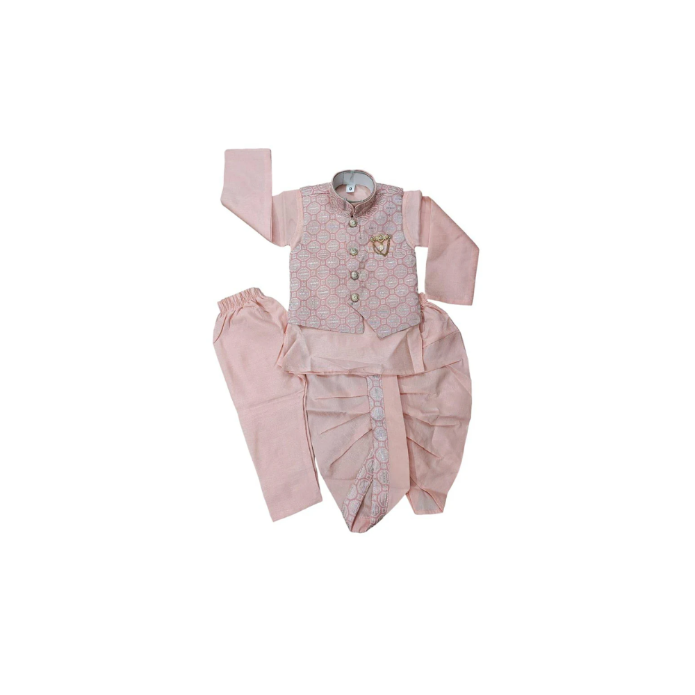 Boys Peach Kurta Pajama Set with Modi Jacket with boy model