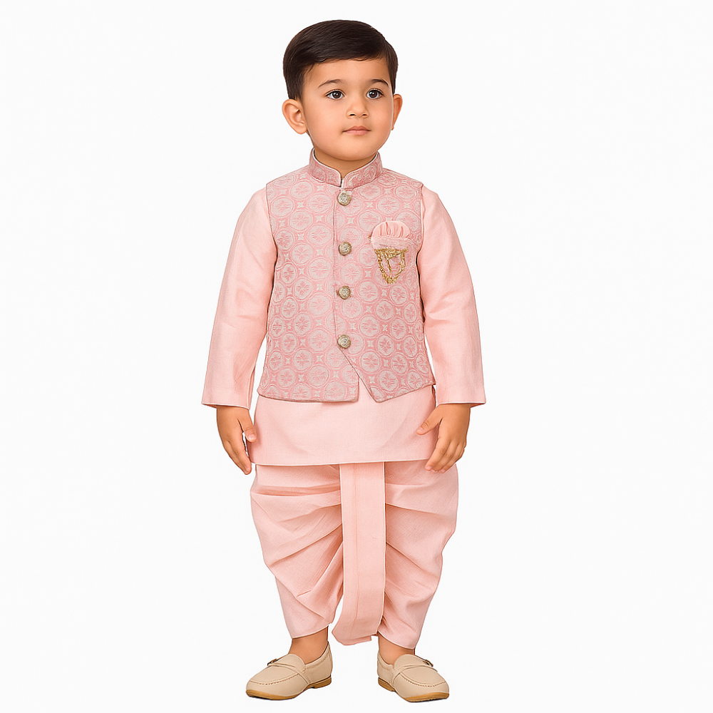 Boys Peach Kurta Pajama Set with Modi Jacket with boy model