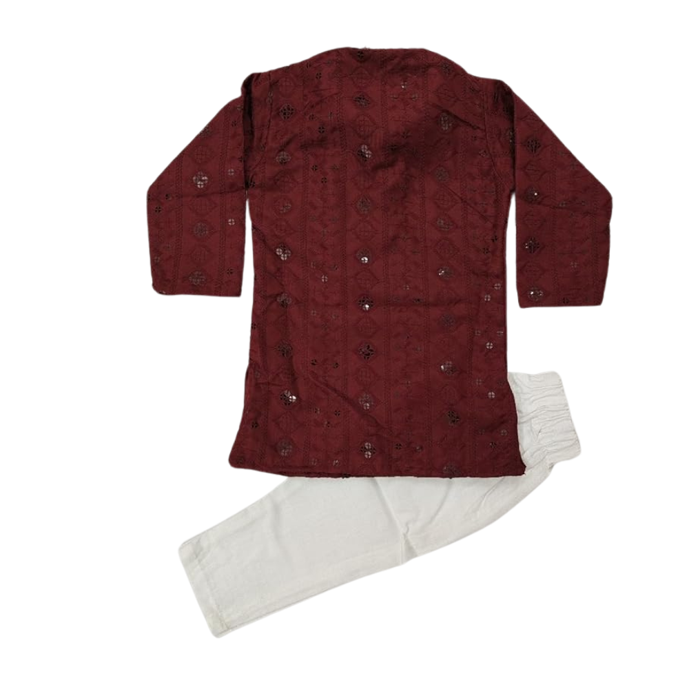 Boys ethnic outfit in maroon with detailed embroidery – festive kurta set
