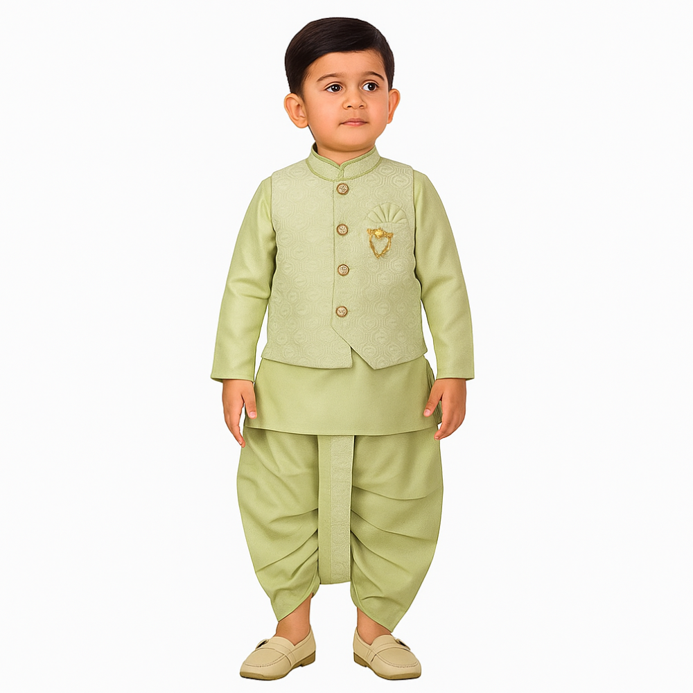Boys greenish Kurta Pajama Set with Modi Jacket with boy model