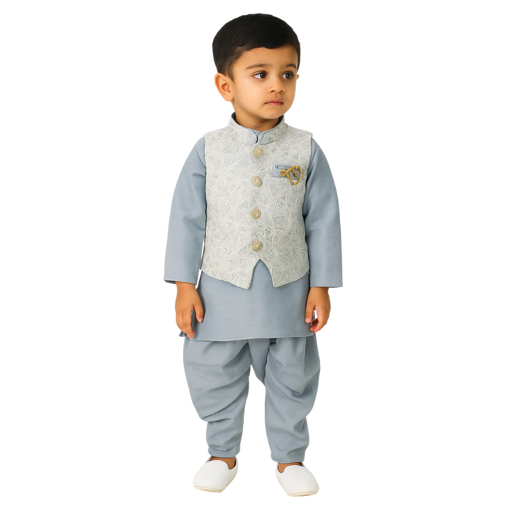 Boys grey Kurta Pajama Set with Modi Jacket with boy model
