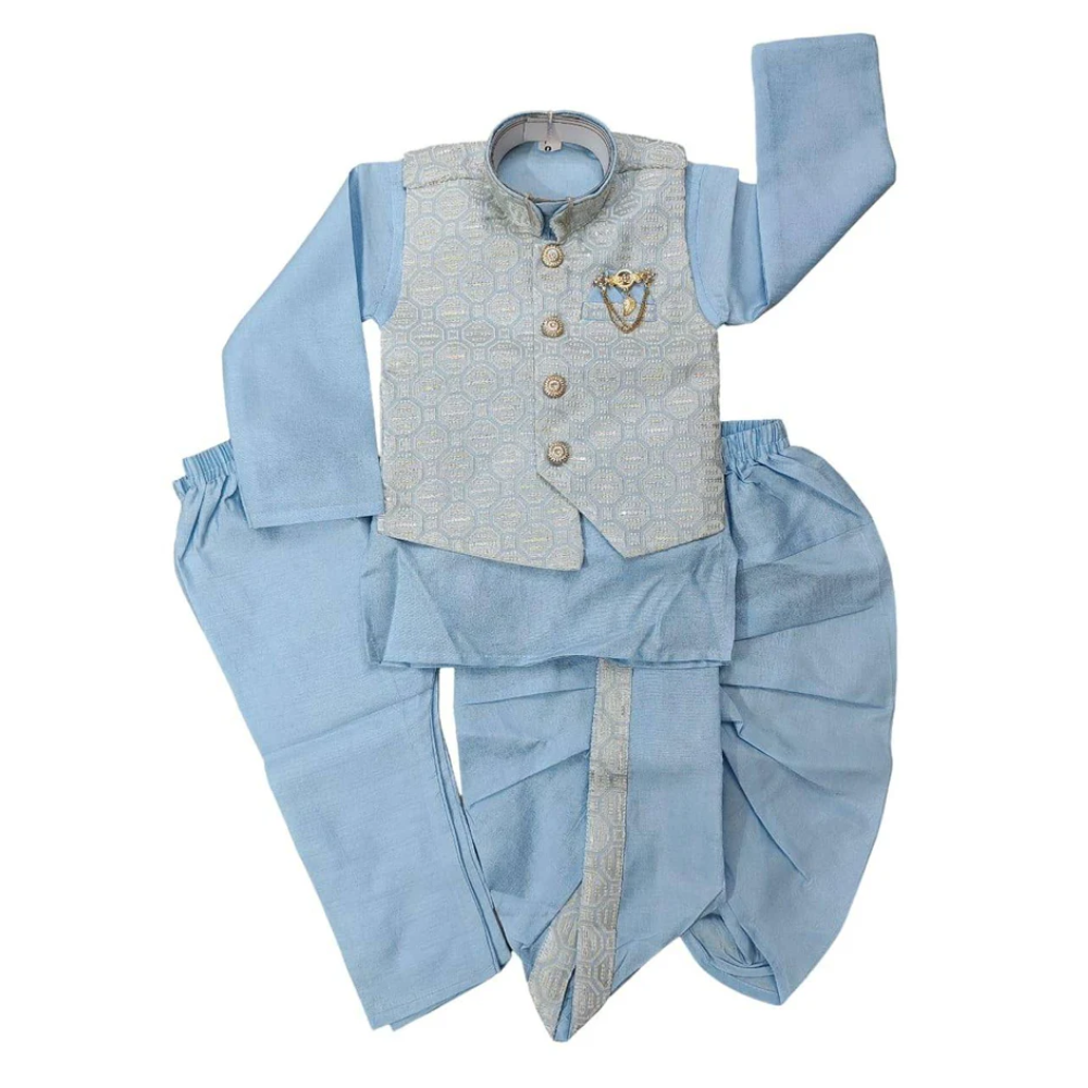 Boys sky-blue Kurta Pajama Set with Modi Jacket