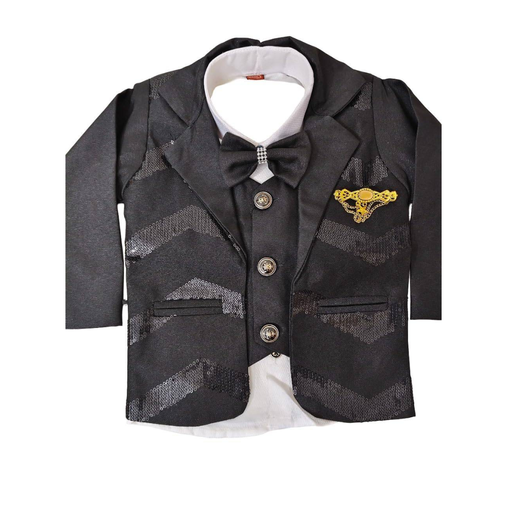 Children's formal suit with jacket, vest, and bow tie on a white background