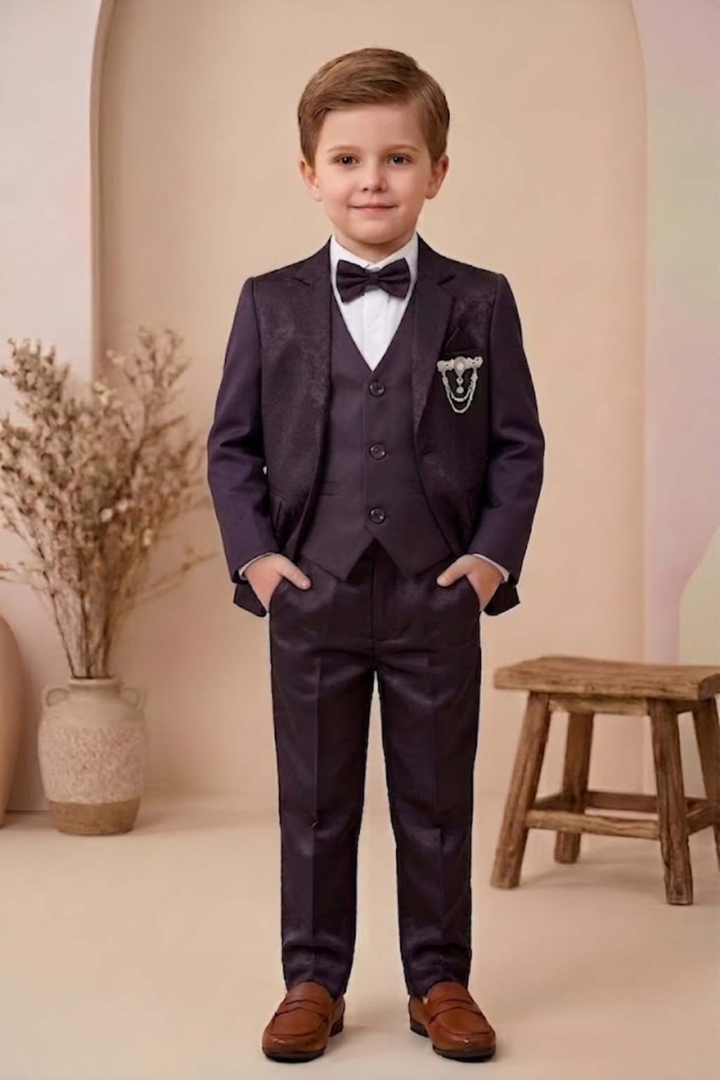 Boys  3-Piece Formal Suit Set with Bow Tie  Wine| Premium Party Wear Blazer, Waistcoat & Pants for Kids - Zustenjoy.com