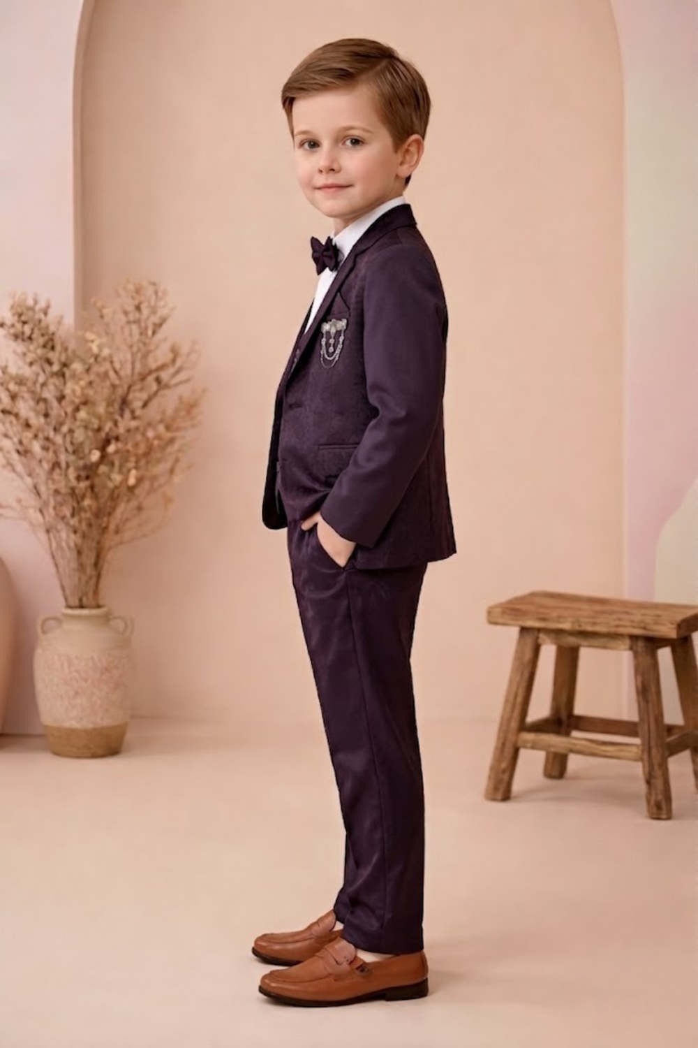 Boys  3-Piece Formal Suit Set with Bow Tie  Wine| Premium Party Wear Blazer, Waistcoat & Pants for Kids - Zustenjoy.com