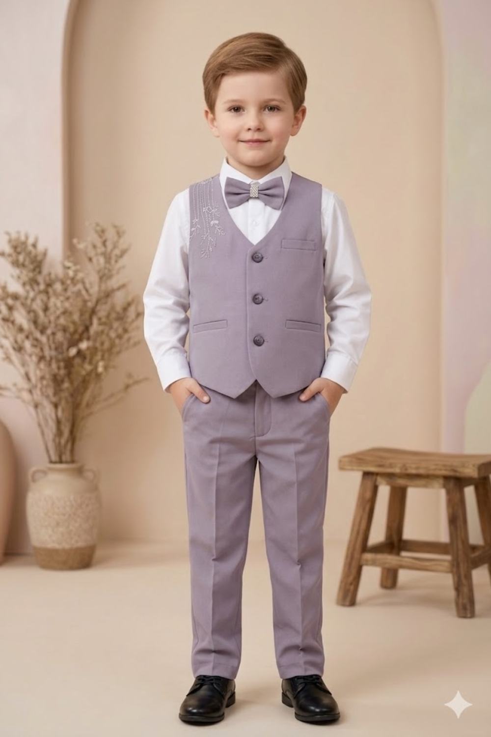 Boys 3-Piece Suit Set with Bow Tie  purple| Kids Formal Party Wear Outfit - Zustenjoy.com