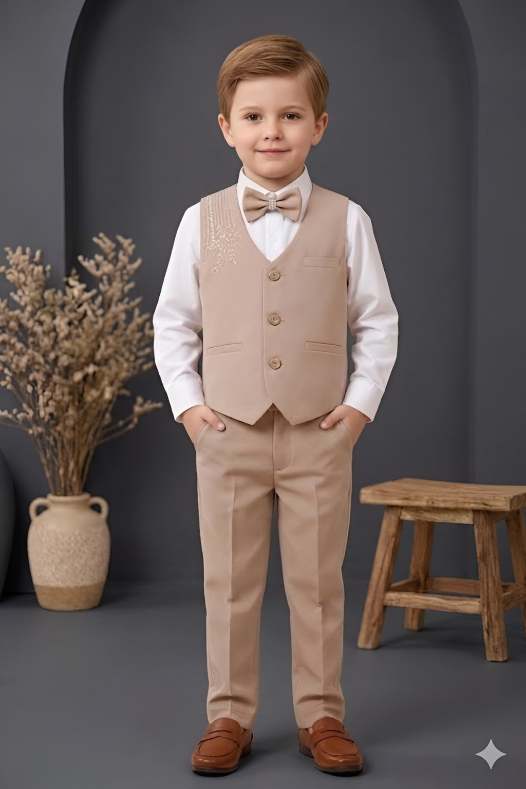 Boys  3-Piece Suit Set with Bow Tie beige| Kids Formal Party Wear Outfit - Zustenjoy.com