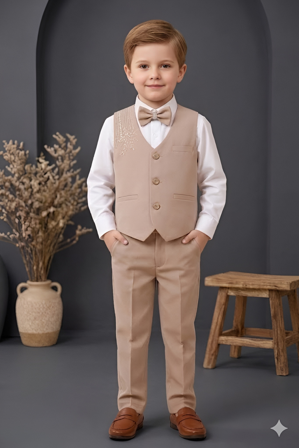 Boys  3-Piece Suit Set with Bow Tie beige| Kids Formal Party Wear Outfit - Zustenjoy.com