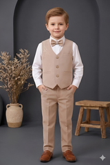 Boys  3-Piece Suit Set with Bow Tie beige| Kids Formal Party Wear Outfit - Zustenjoy.com