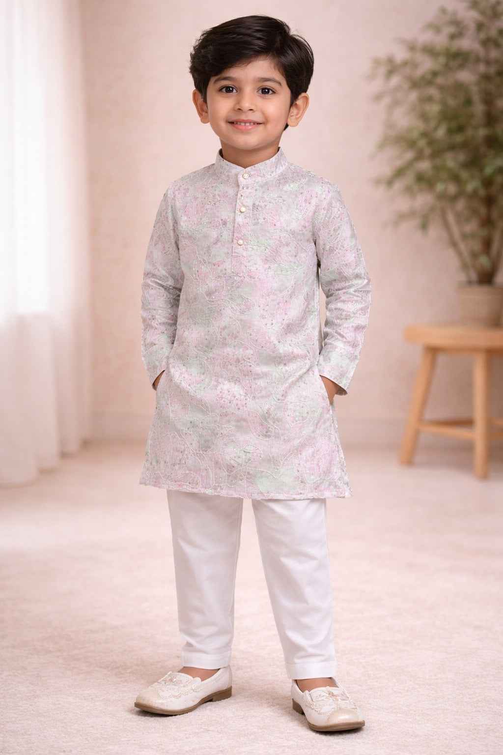 Boys  pink Printed  designer Kurta Pajama Set