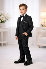 Boys 3-Piece Formal Suit Set with Bow Tie  Black | Premium Party Wear Blazer, Waistcoat & Pants for Kids - Zustenjoy.com