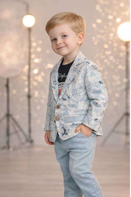 Boys  Printed Blazer Outfit with T-Shirt & Pants  Blue - Zustenjoy.com
