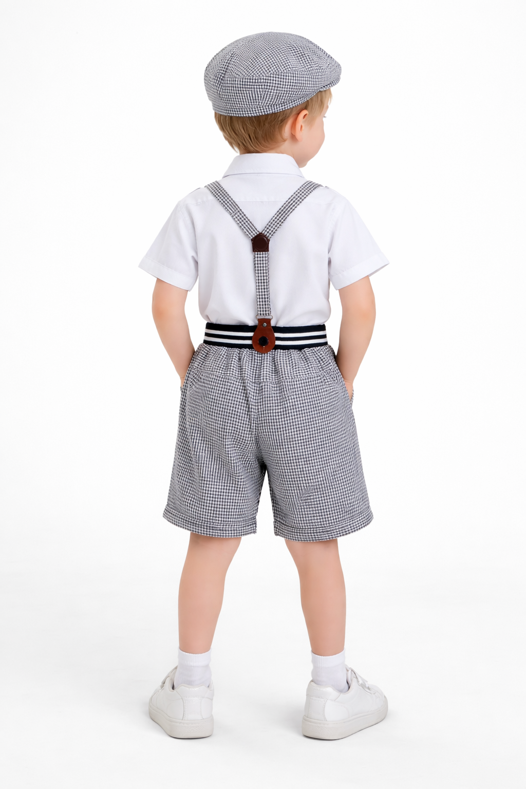 Boys Black & White Suspender Outfit Set with Cap & Bow Tie | Kids Vintage Party Wear Dress - Zustenjoy.com