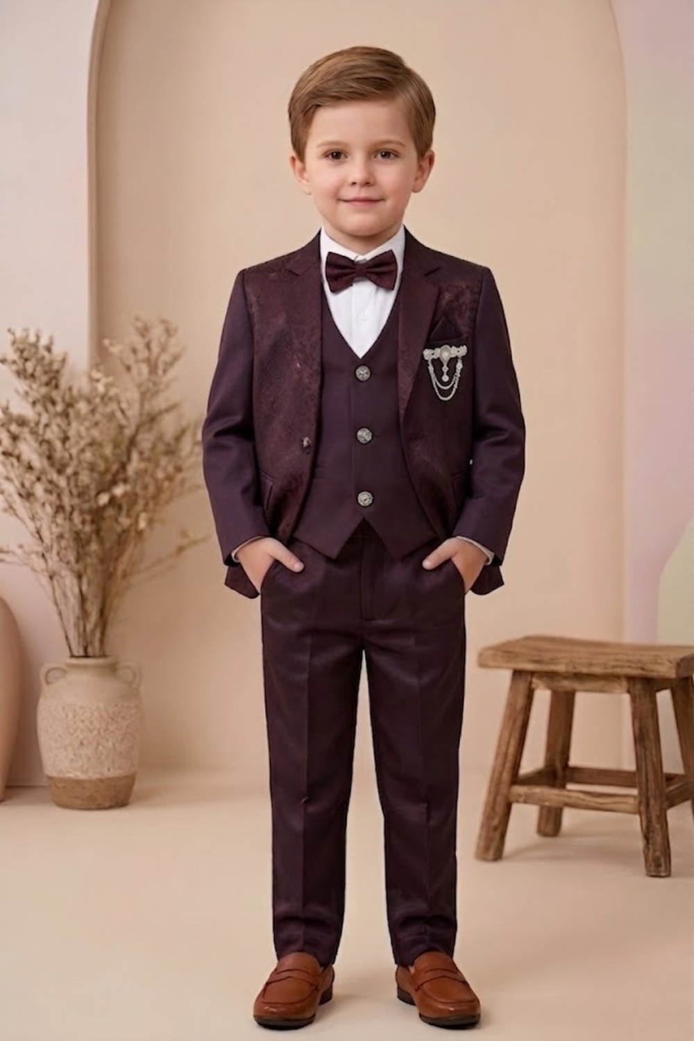 Boys  3-Piece Formal Suit Set with Bow Tie  Maroon| Premium Party Wear Blazer, Waistcoat & Pants for Kids - Zustenjoy.com