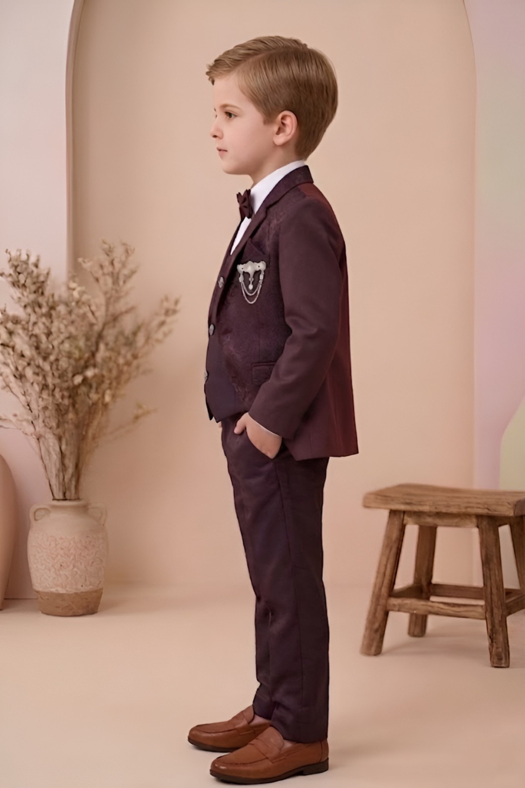 Boys  3-Piece Formal Suit Set with Bow Tie  Maroon| Premium Party Wear Blazer, Waistcoat & Pants for Kids - Zustenjoy.com