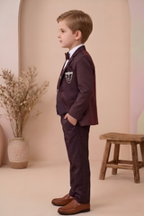 Boys  3-Piece Formal Suit Set with Bow Tie  Maroon| Premium Party Wear Blazer, Waistcoat & Pants for Kids - Zustenjoy.com