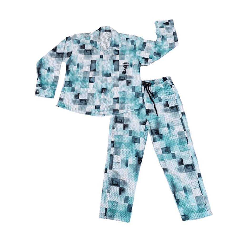 Dark-green-Kids' Geometric Cotton  Night Dress-with-model