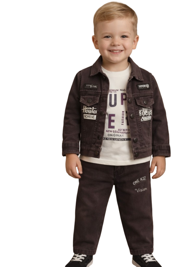 Boys  Denim  Jacket Set with T-Shirt & Pants  Brown | Kids Casual Wear Outfit - Zustenjoy.com