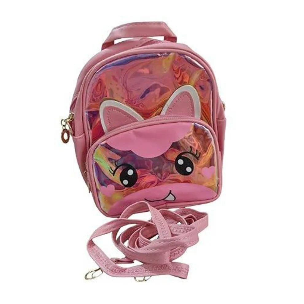 Pink backpack with cartoon face design on a white background