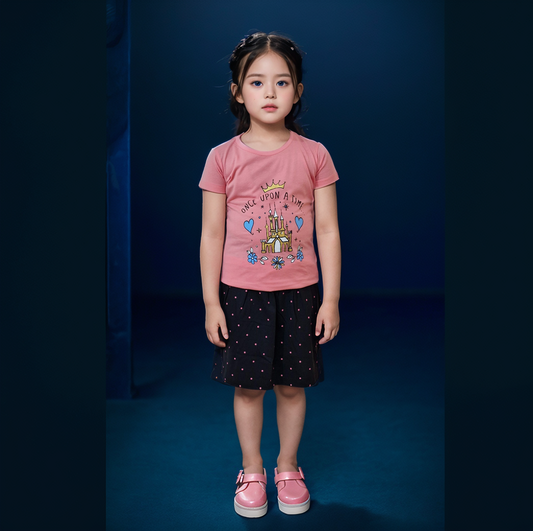Girls Above Knee Dress - Pink & Black, Half Sleeve (4-5 Yrs)
