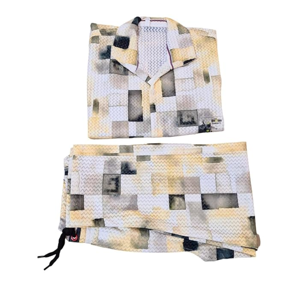 Kids' yellow-black-Geometric Cotton  Night Dress-folded
