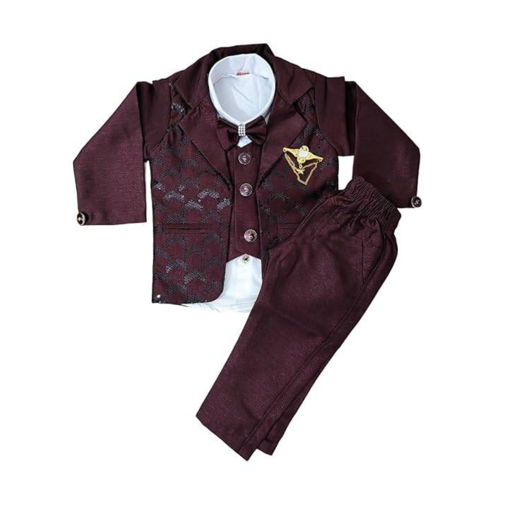 Maroon formal outfit with a vest and pants on a white background