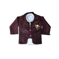 Maroon jacket with floral patterns and a gold emblem on a white background