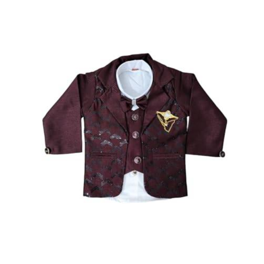 Maroon jacket with floral patterns and a gold emblem on a white background