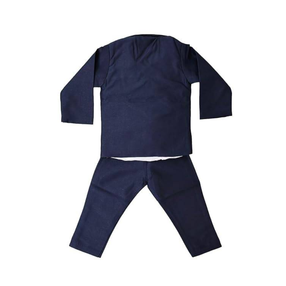 Navy blue children's outfit with long-sleeve top and pants on a white background