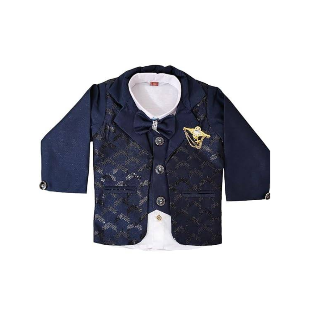 Navy blue children's suit with a bow tie on a white background