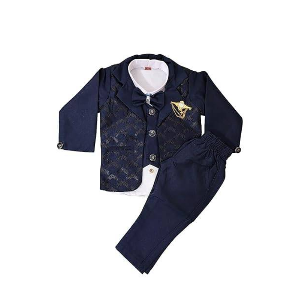 Navy blue children's suit with vest and bow tie on a white background